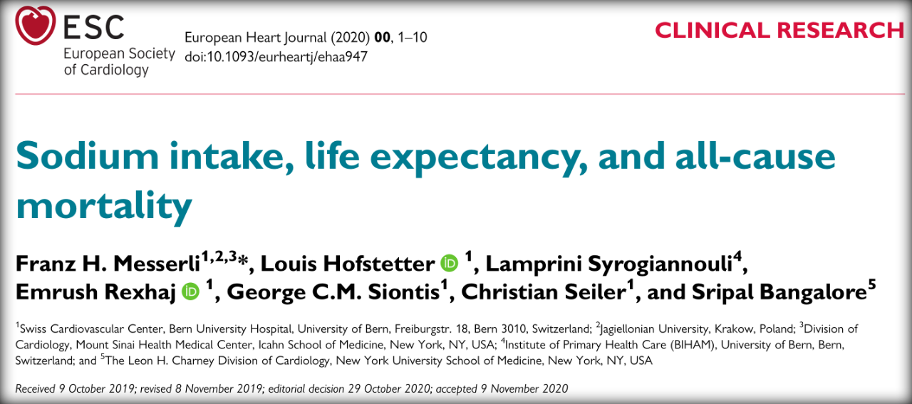 European Heart Journal：钠摄入量越多，预期寿命越长，并与全因死亡风险下降有关