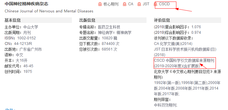 《中国神经精神疾病杂志》知网查询页面