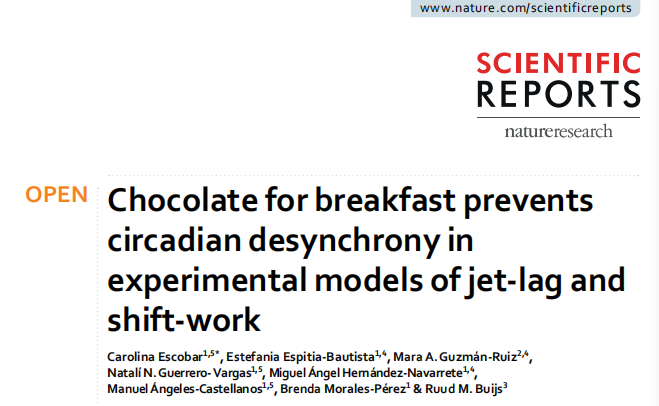 Nature：chocolate for breakfast prevents circadian desynchrony in experimental models of jet-lag and shift-work早餐巧克力可防止时差和轮班工作的实验模型中的昼夜节律失调