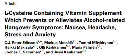 Oxford Academic Alcohol and Alcoholism：L-Cysteine Containing Vitamin Supplement Which Prevents or Alleviates Alcohol-related Hangover Symptoms: Nausea, Headache, Stress and Anxiety含左旋半胱氨酸的维生素补充剂可作为解
